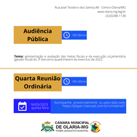 No dia 16/03/2023 será realizada 1ª Audiência Pública e logo após 4ª Reunião Ordinária