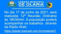 No dia 17 de junho de 2021, será  realizada a 12ª Reunião Ordinária 