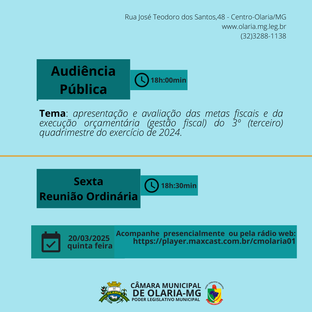 No dia 20/03/2025, será realizada Audiência Pública e logo após 6ª Reunião Ordinária