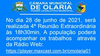 No dia 28 de junho 2021, será realizada 4ª Reunião Extraordinária